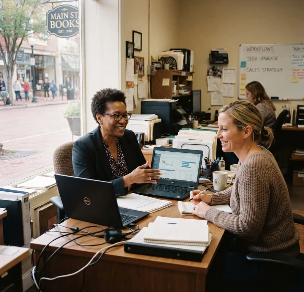 Two business owners talking through a workflow at a desk on a Main Street office