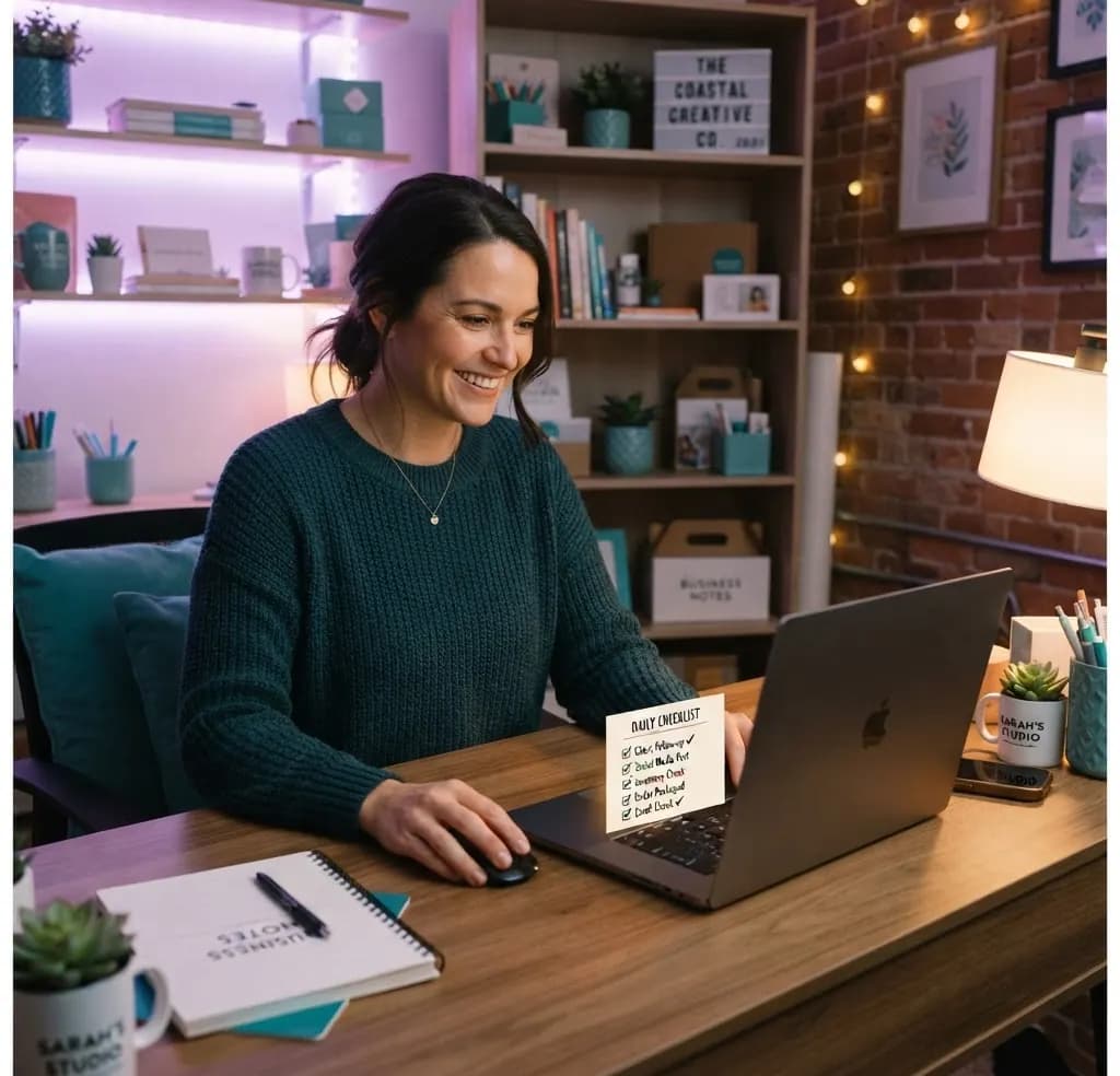 A shop owner working through a checklist on her laptop