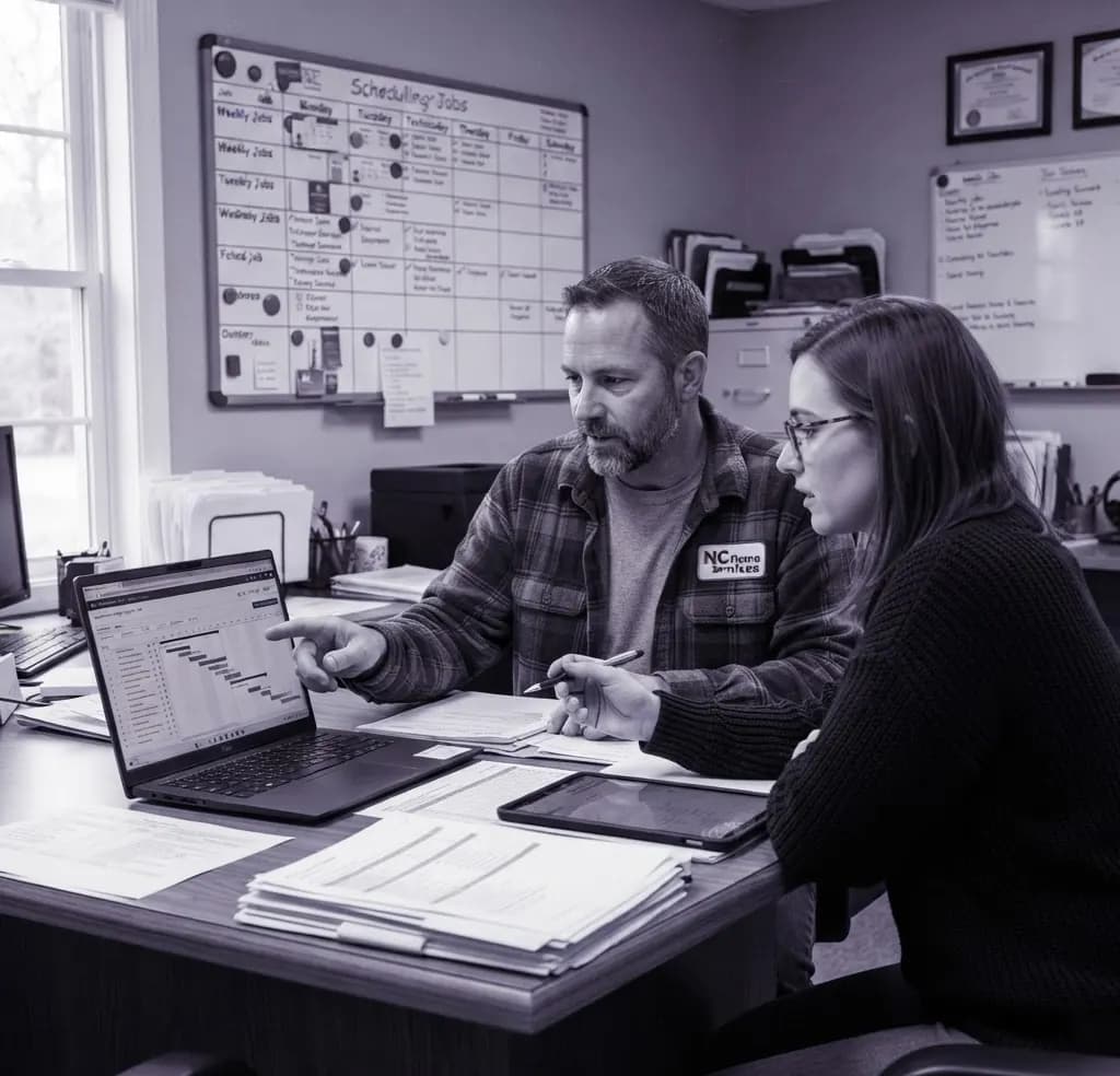 An owner and an office manager reviewing a schedule on a laptop