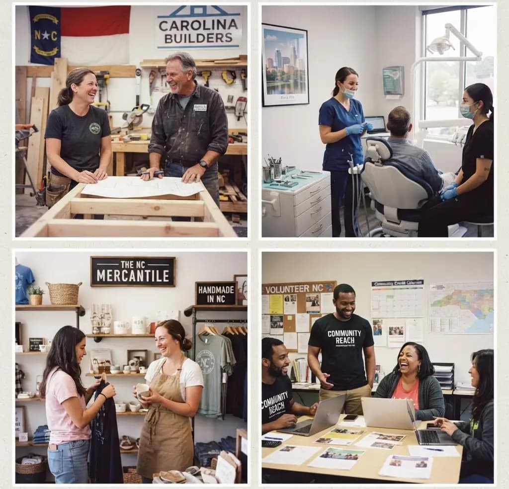 Four Carolina small businesses at work: a woodshop, a dental office, a shop, and a volunteer group