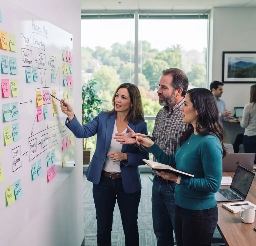 A team mapping a workflow with sticky notes on a whiteboard