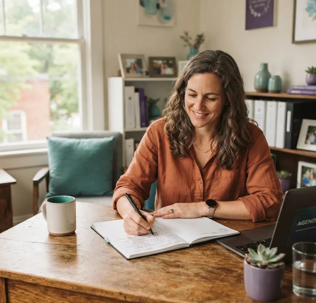 An owner writing notes at her desk